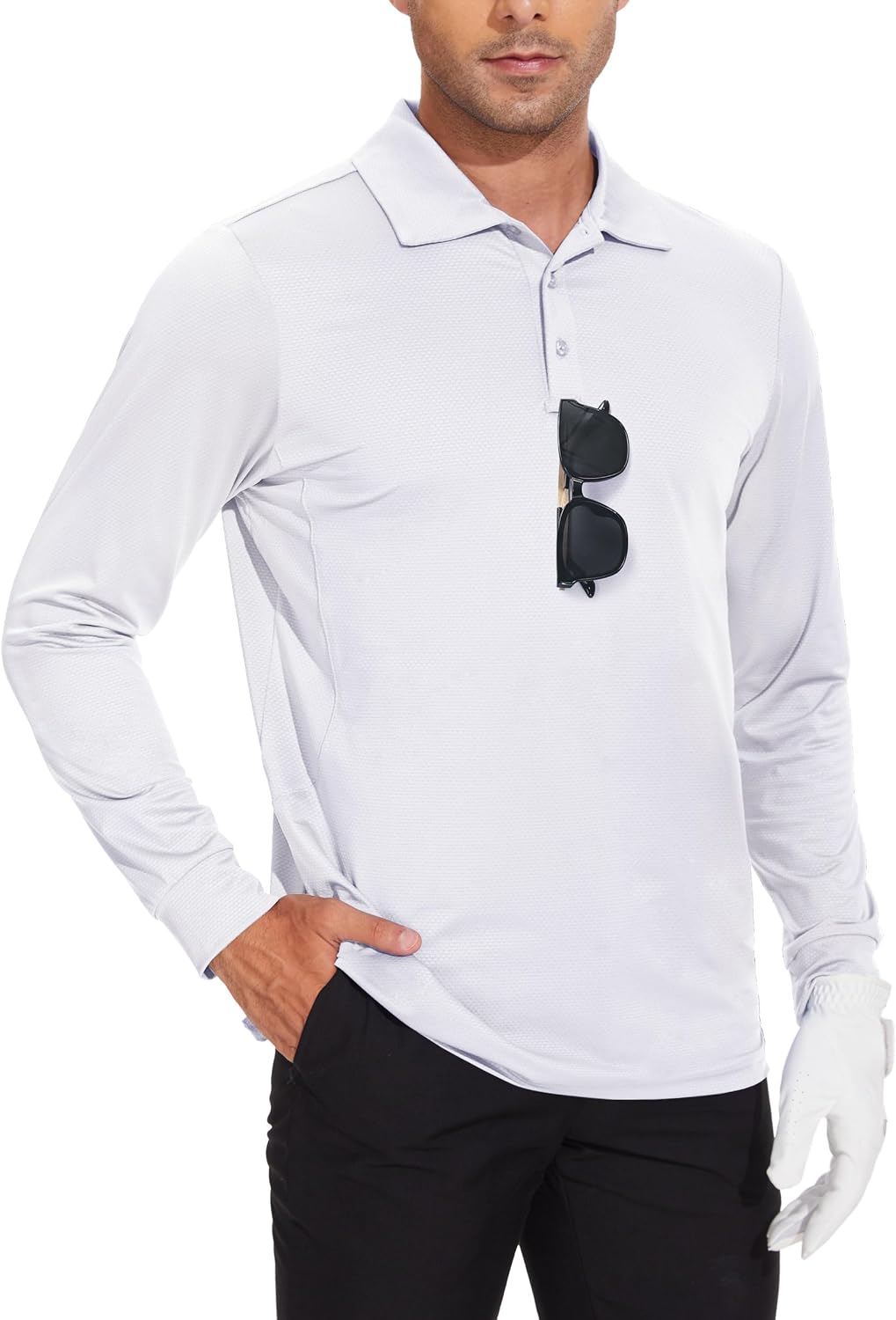JWM Men's Long Sleeve Golf Polo Shirts with Collar Dry Fit Lightweight - White