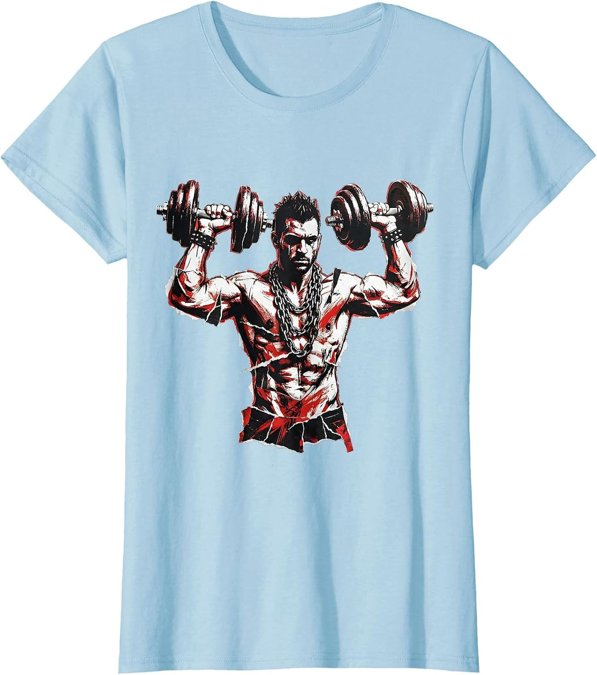 Women's 90s Gym Culture Dumbbell Chain Necklace Graphic T-Shirt - Baby Blue