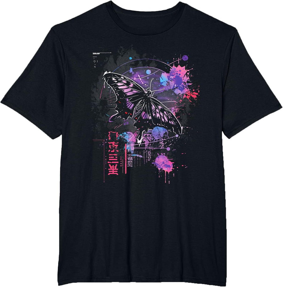 Anime Japanese Goth Cyberpunk City Butterfly Abstract Art T-Shirt - Black