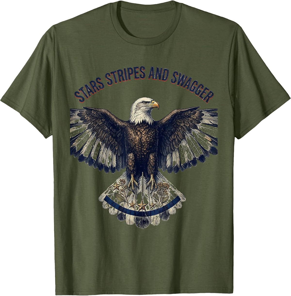 Stars Stripes and Swagger American Flag Design T-Shirt - Olive Green