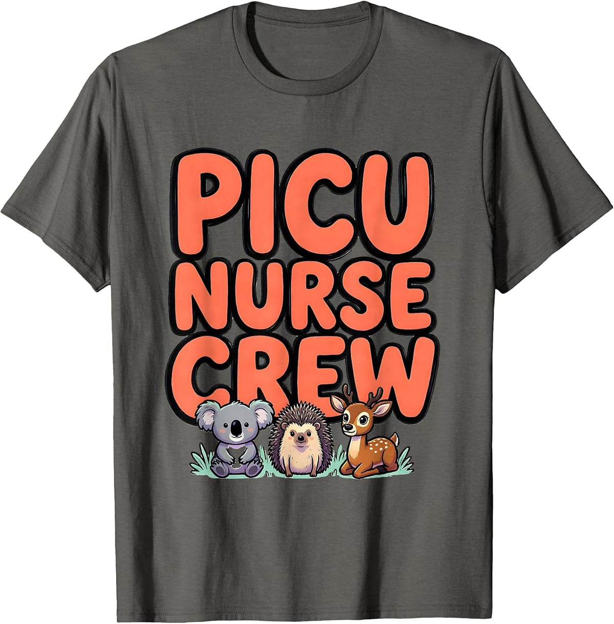 PICU Nurse Crew Cute Animal Pediatric Nurse Practitioner T-Shirt - Asphalt Grey