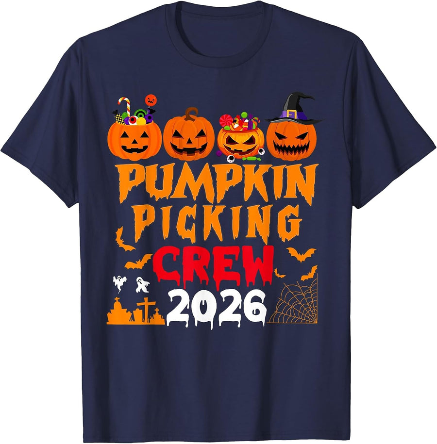 Retro Pumpkin Picking Crew Halloween 2026 Matching Group T-Shirt - Navy Blue