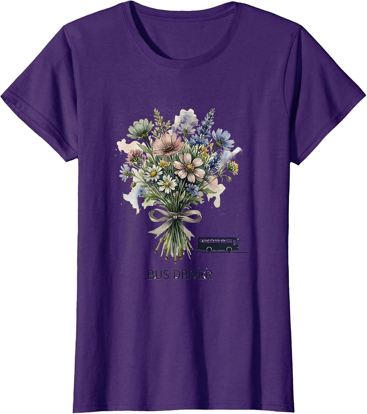 Bus Driver Watercolor Wildflower Gift for Teachers School T-Shirt - Purple