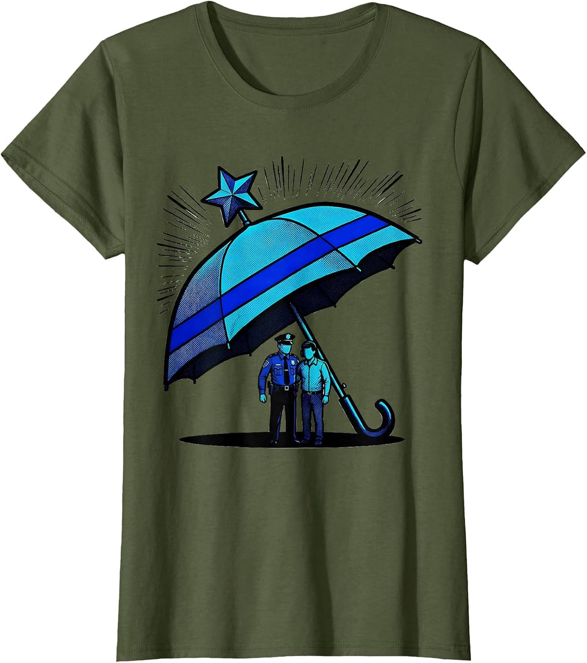 Women's Thin Blue Line Umbrella Officer Supporter Pop Art T-Shirt - Olive Green