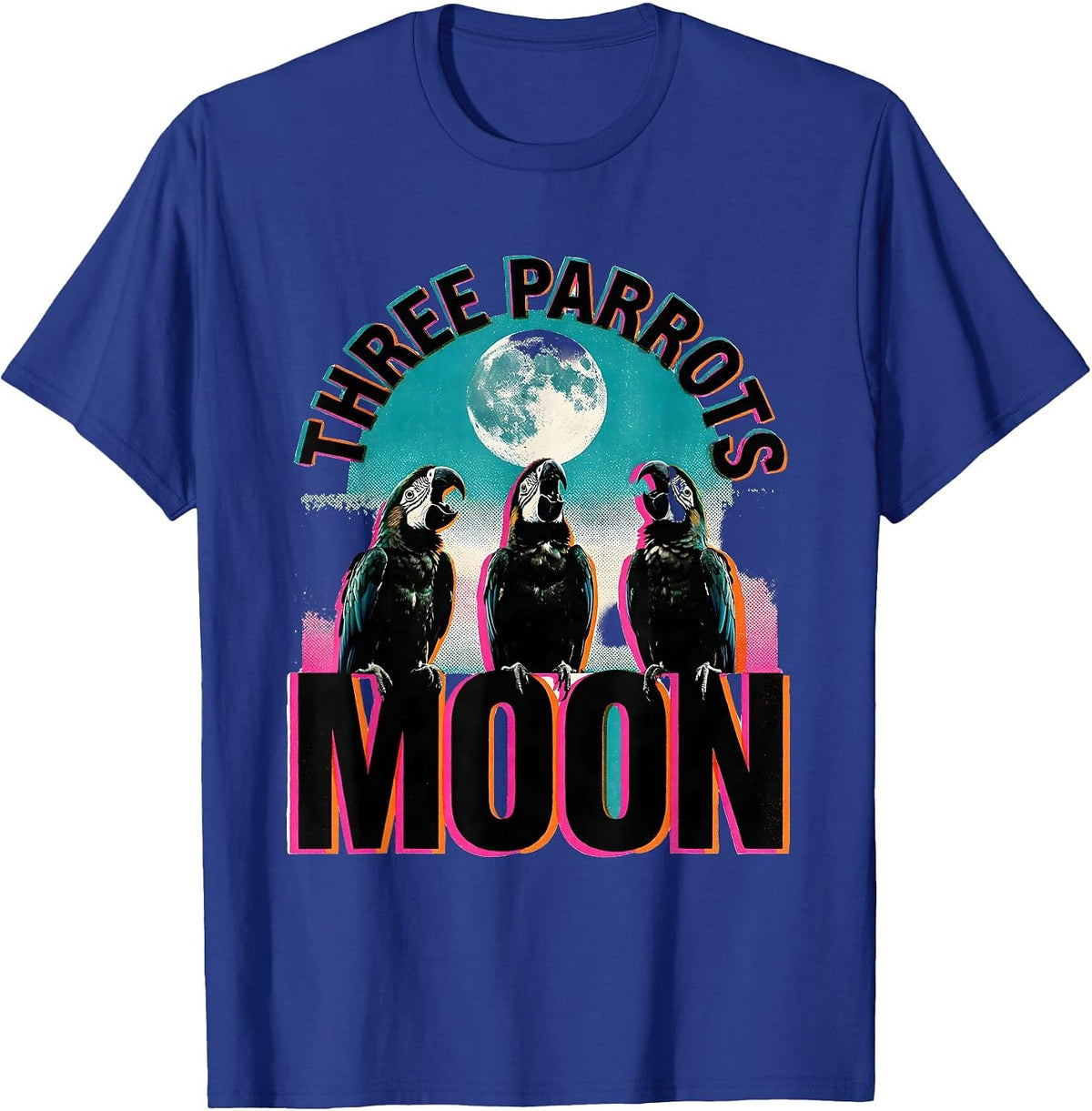 Three Parrots Moon Risograph Meme Humor Animal Lover Gift T-Shirt - Royal Blue