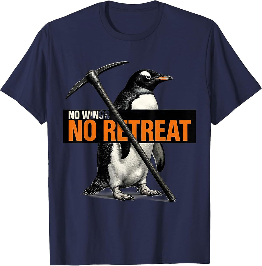 No Wings, No Retreat Brutalist Penguin Dark Humor Meme T-Shirt - Navy Blue