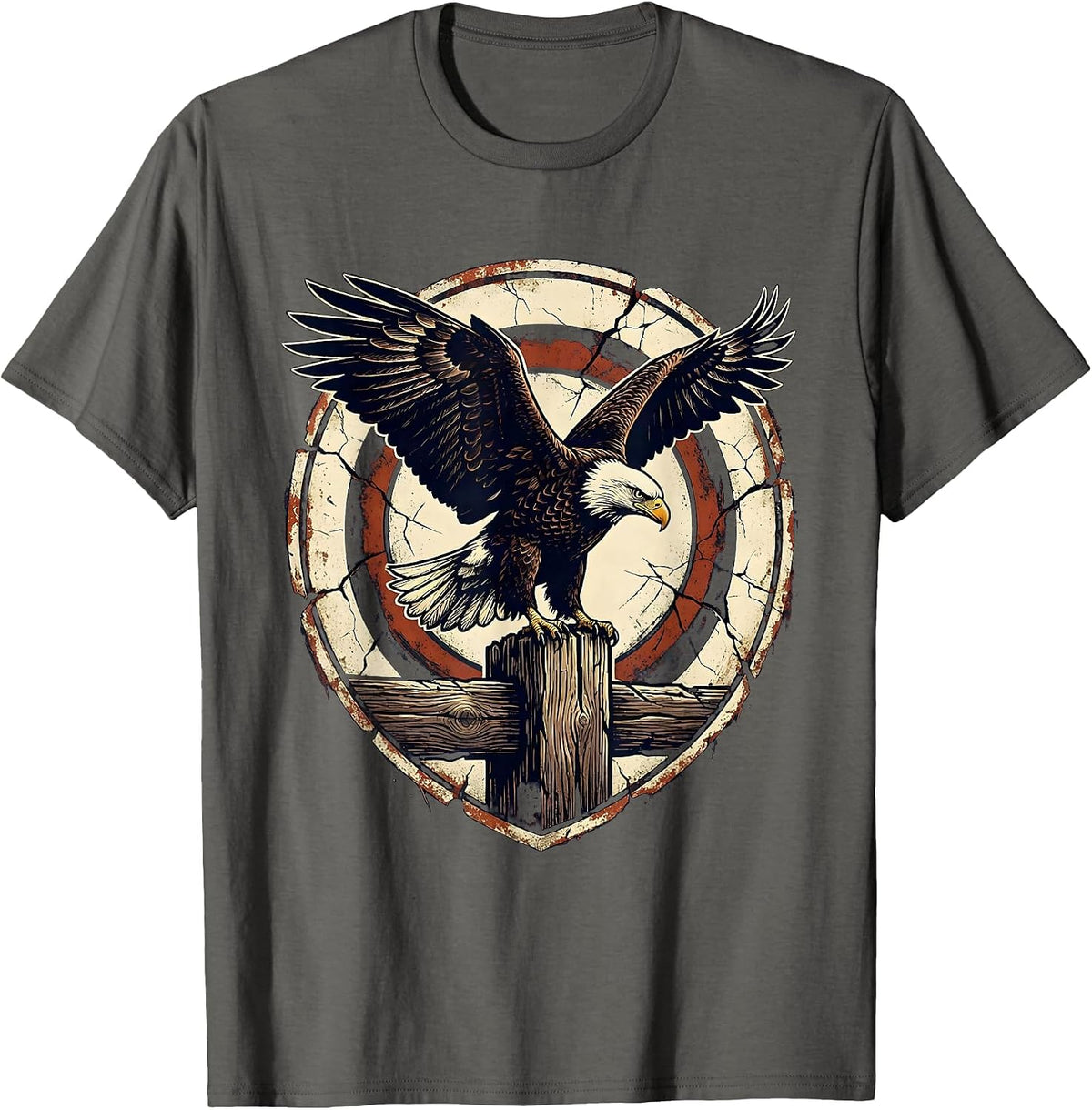 Men's Bald Eagle Patriotic Perched on Fence Post T-Shirt - Asphalt Grey