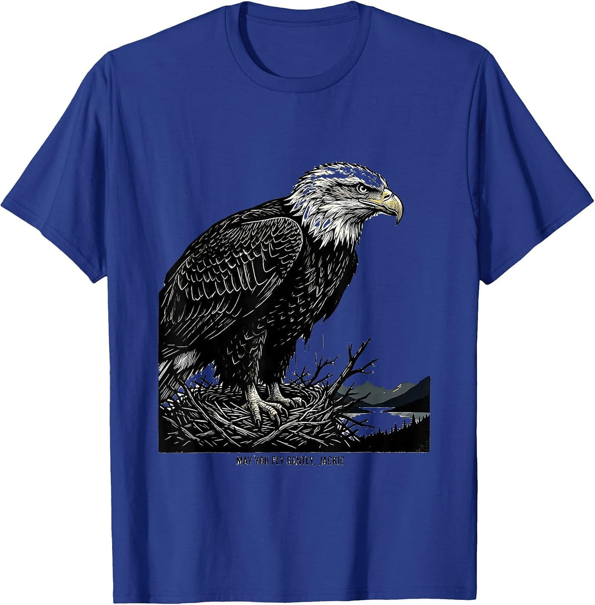 Men's May You Fly Gently, Jackie Linocut Bald Eagle Memorial T-Shirt - Royal Blue