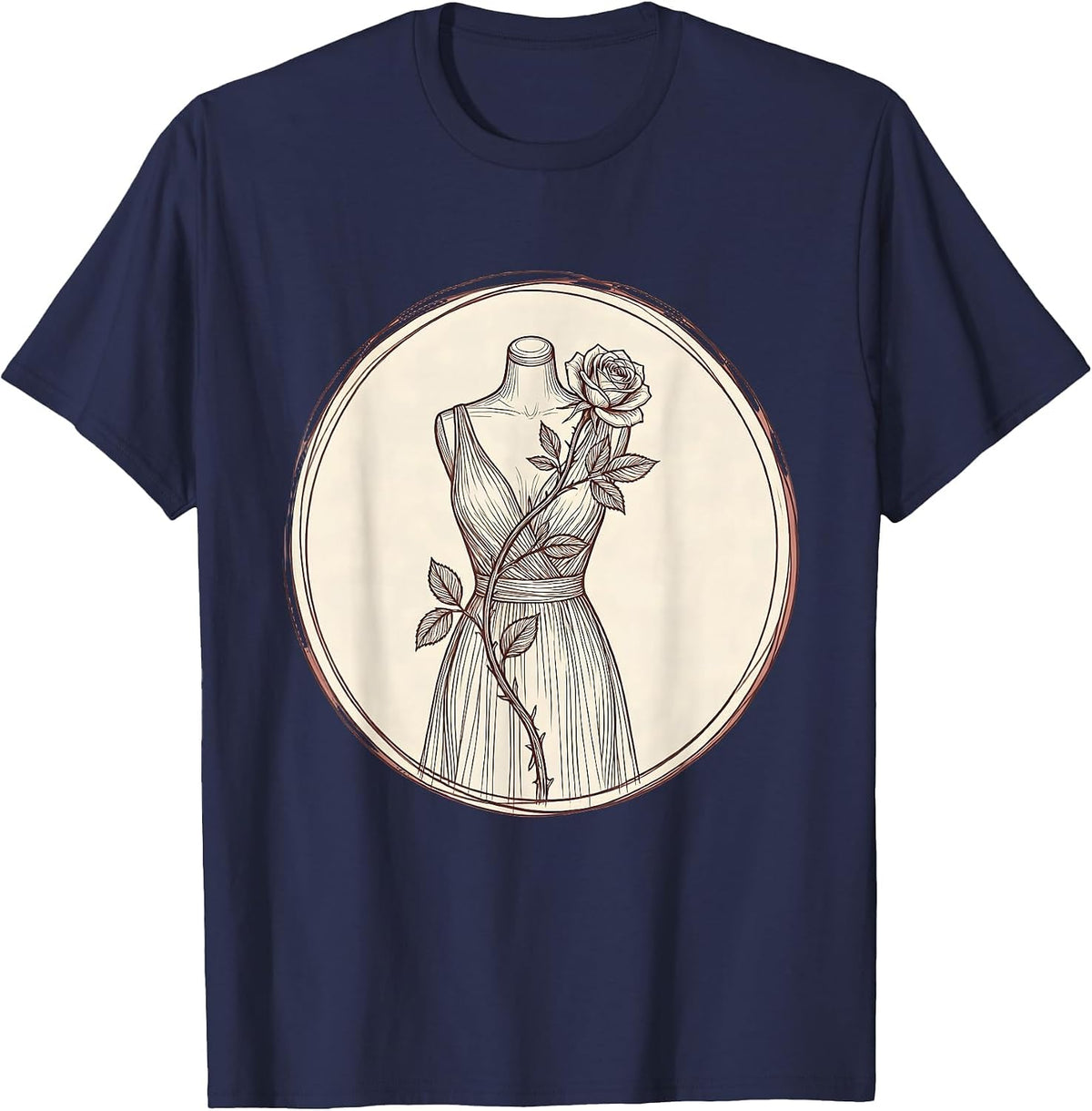 Vintage Dress Form Climbing Roses Floral Art T-Shirt - Navy Blue