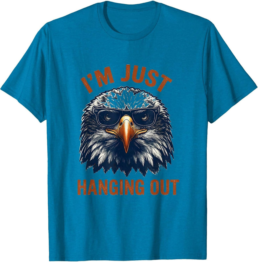 I'm Just Hanging Out Rubber Stamp Bald Eagle Sunglasses T-Shirt - Sapphire Blue