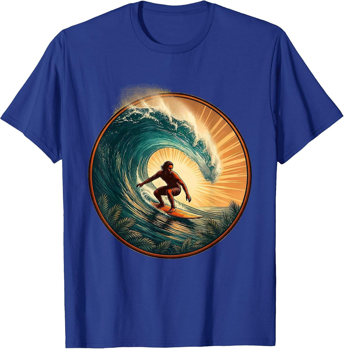 Retro Surfer Riding Massive Curling Wave T-Shirt - Royal Blue