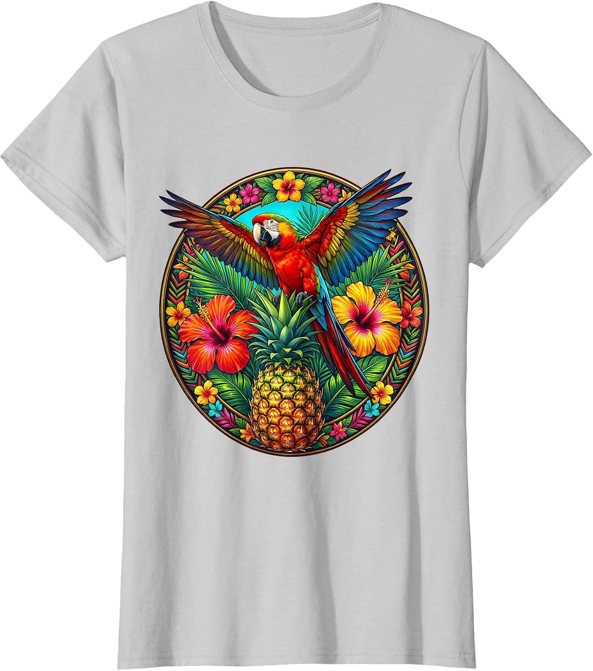 Tropical Parrot on Pineapple with Flowers T-Shirt - Silver Grey