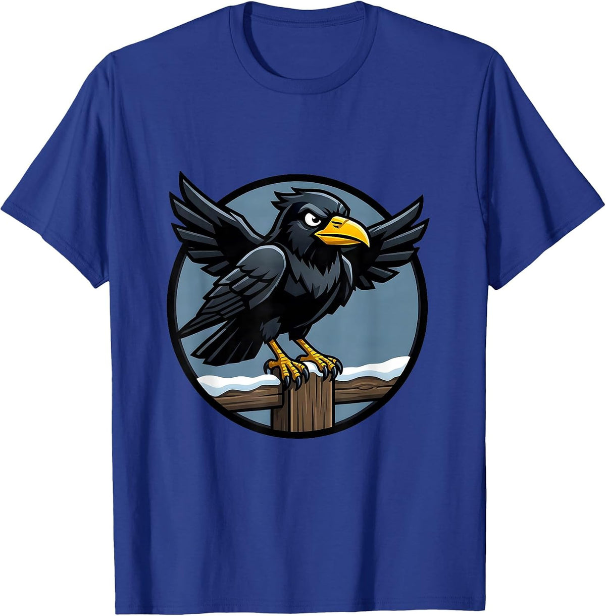 Crow on Snow-Covered Fence Post Illustration T-Shirt - Royal Blue