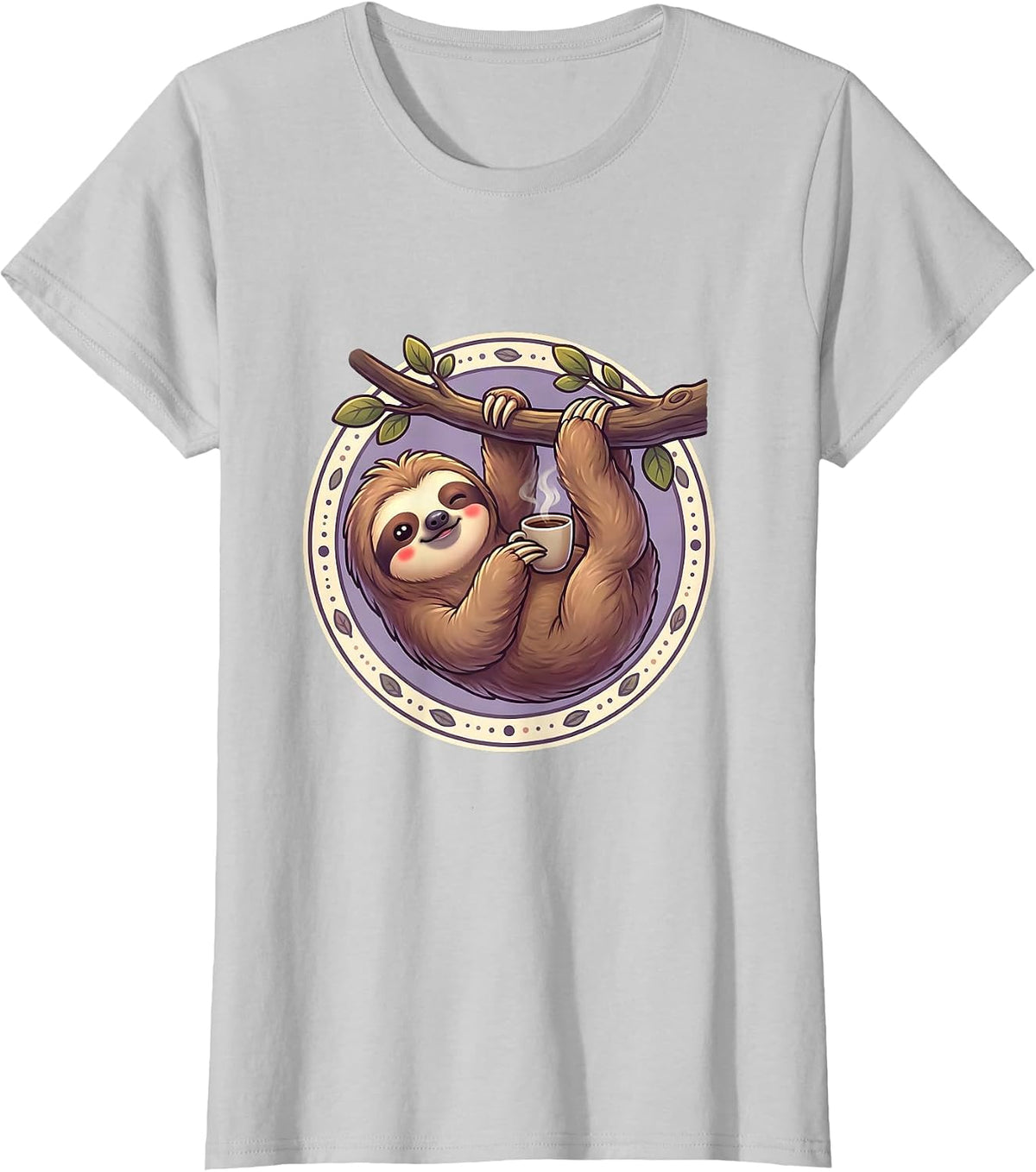 Women's Funny Sloth Hanging With Coffee Graphic Tee T-Shirt - Silver Grey