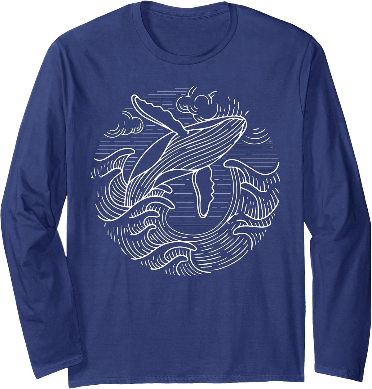 Whale Shirt Ocean Waves Humpback Whale Long Sleeve T-Shirt - Adult Unisex Navy Blue