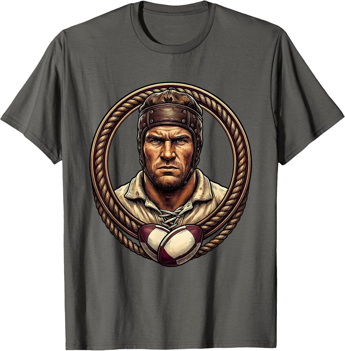 Vintage Rugby Player Old Leather Helmet Graphic T-Shirt - Asphalt Grey