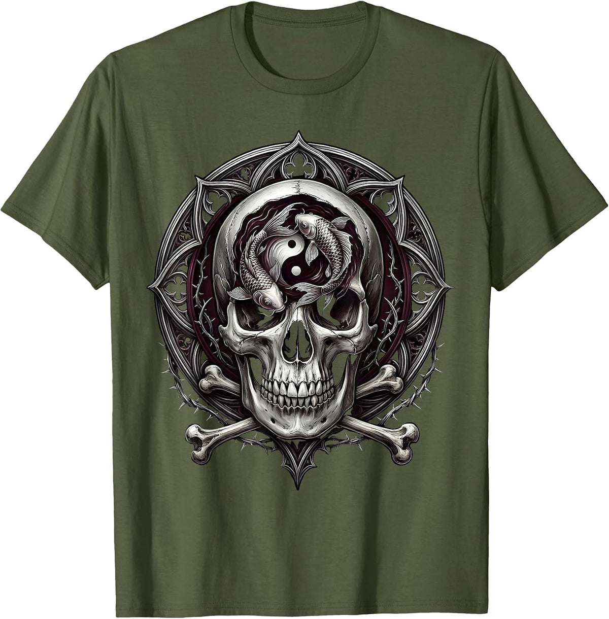 Skull Koi Fish Zen Art Graphic Design T-Shirt - Olive Green