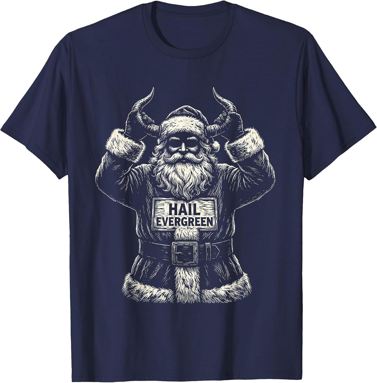 Hail Evergreen Woodcut Engraving Heavy Metal Santa Claus T-Shirt - Navy Blue