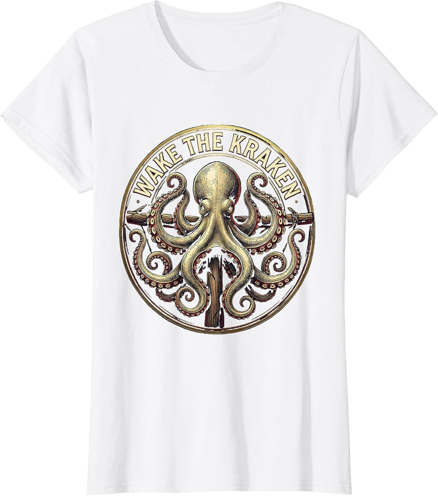 Women's Wake The Kraken Octopus Emblem Marine Biology Enthusiast T-Shirt - White