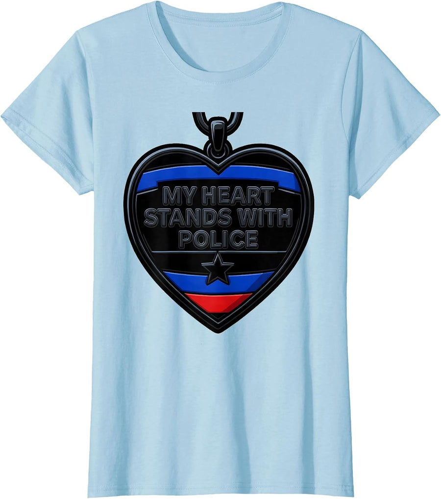 Women's My Heart Stands With Police Cartoon Thin Blue Line Police T-Shirt - Baby Blue