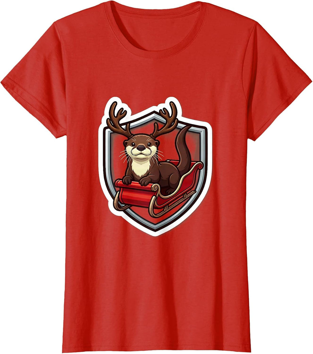 Otter Reindeer Shield Funny Christmas Otter Lover T-Shirt - Red