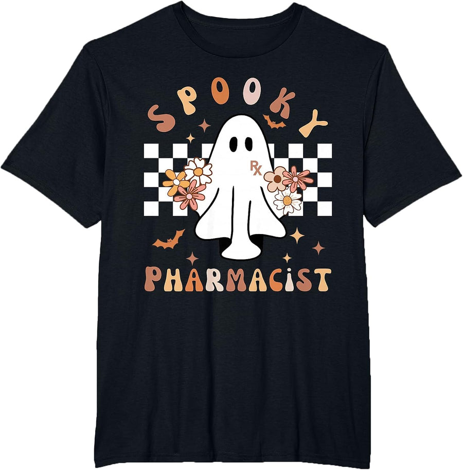 Spooky Pharmacist Floral Ghost Halloween Pharmacy Technician T-Shirt - Black