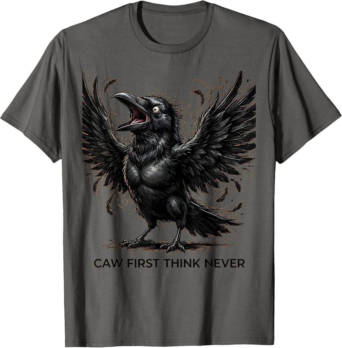 Caw First Think Never Funny Crow Design T-Shirt - Asphalt Grey