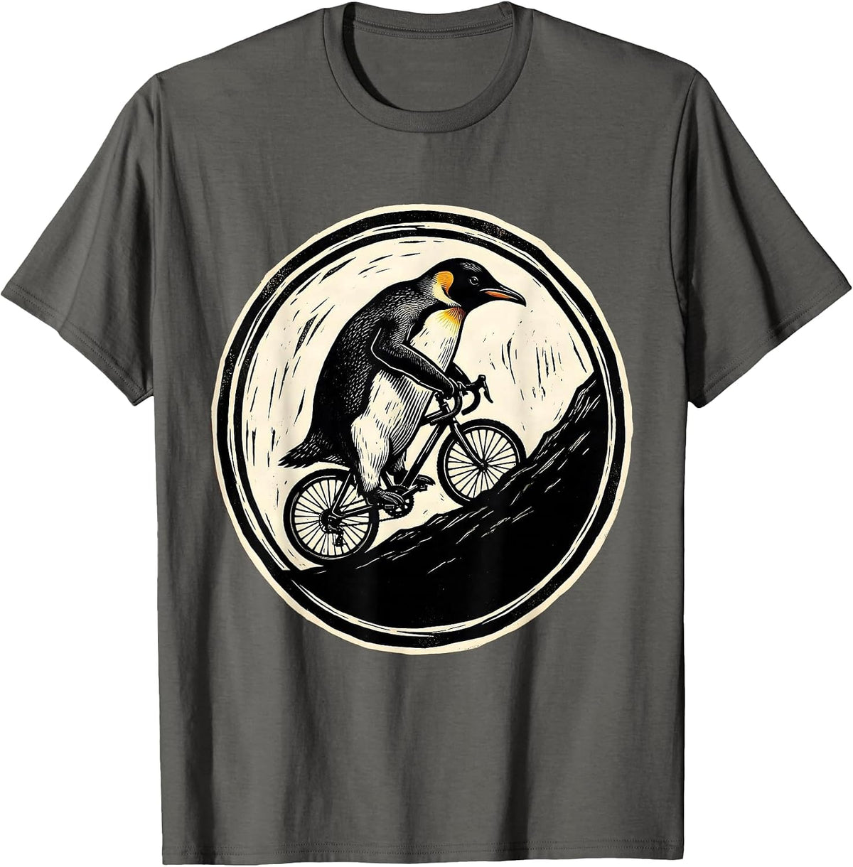 Penguin Riding a Bicycle Uphill Graphic T-Shirt - Asphalt Grey
