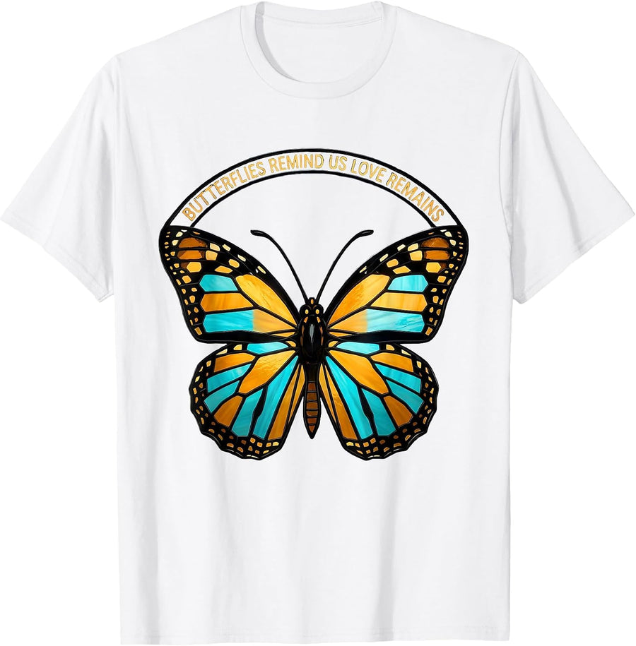 Men's Butterflies Remind Us Love Remains Stained Glass Mosaic T-Shirt - White