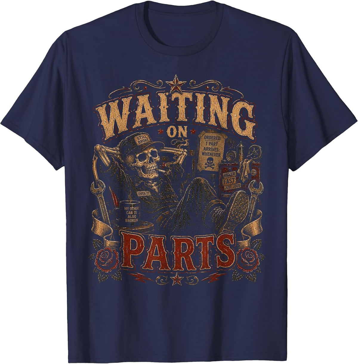 Waiting on Parts Car Mechanic Auto Garage Technician Dad T-Shirt - Navy Blue