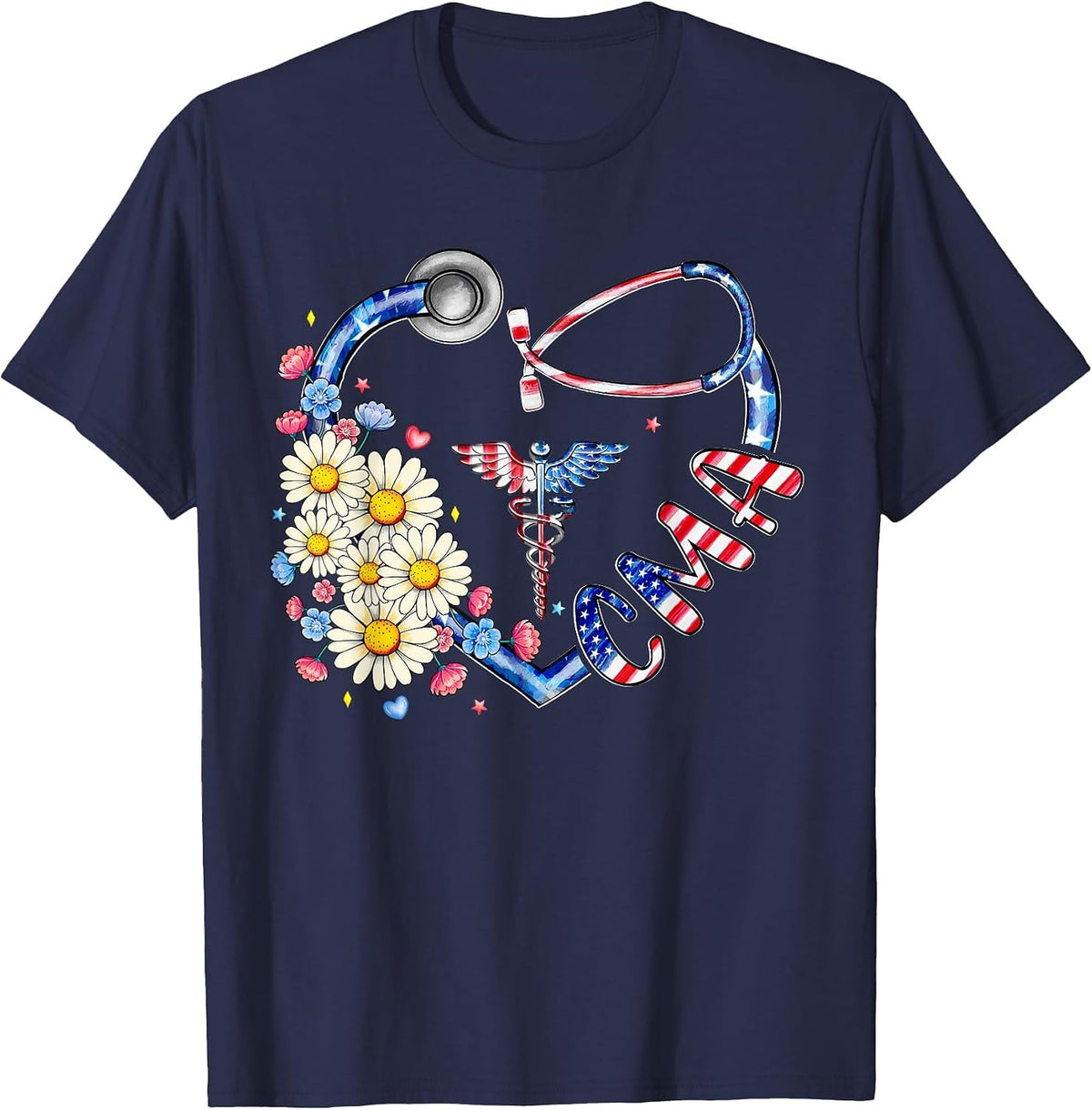 Certified Medical Assistant CMA 4th July American Flag Heart T-Shirt - Navy Blue