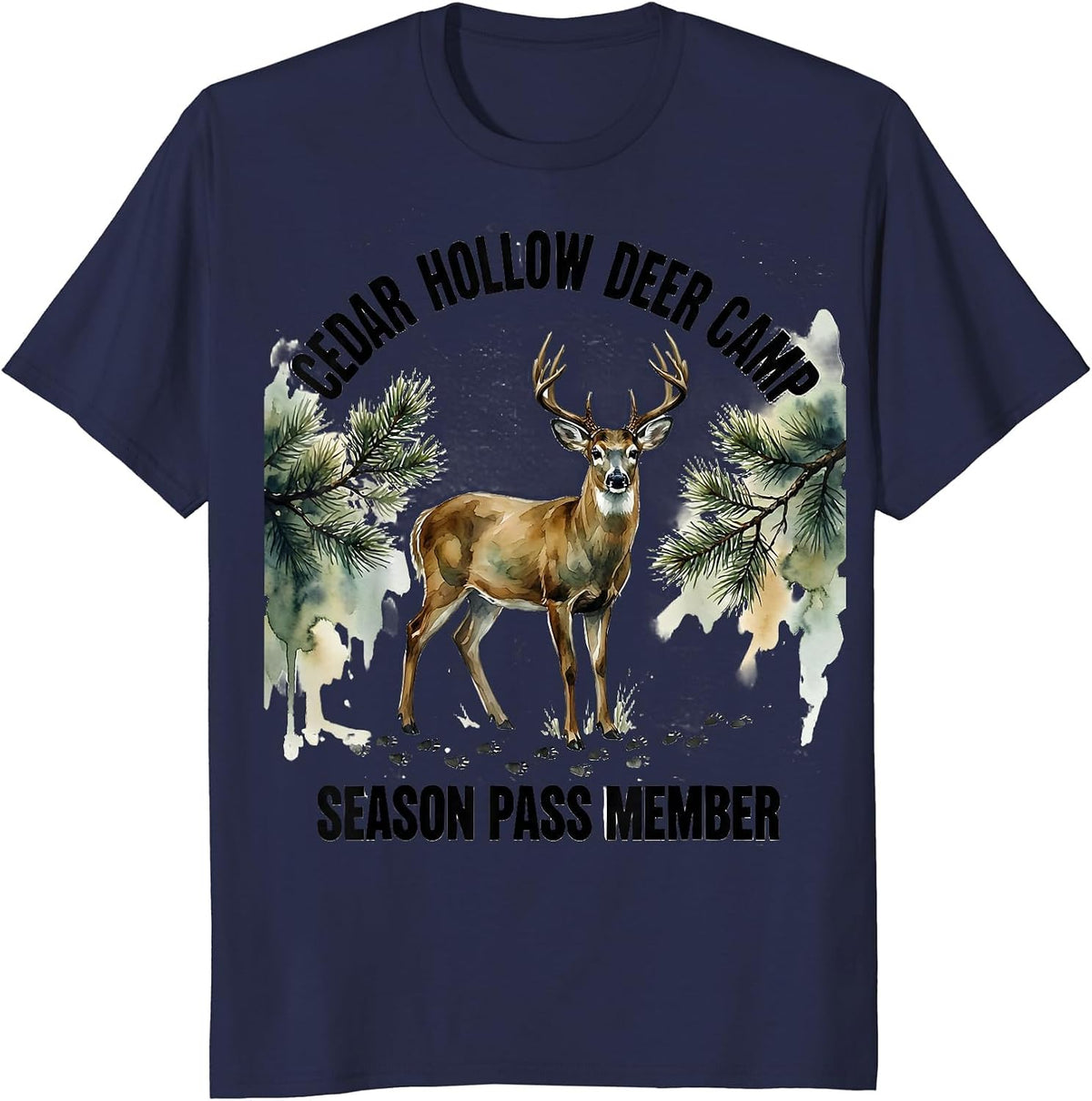 Men's Cedar Hollow Deer Camp Season Pass Member Hunter Dad T-Shirt - Navy Blue