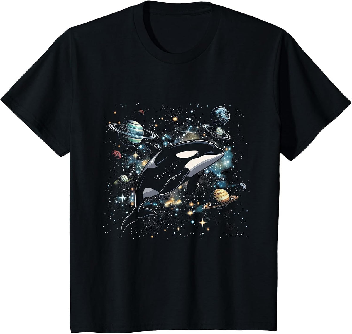 Orca in Space Planets Stars Whale Lover T-Shirt - Black