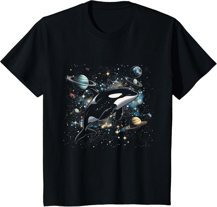 Orca in Space Planets Stars Whale Lover T-Shirt - Black