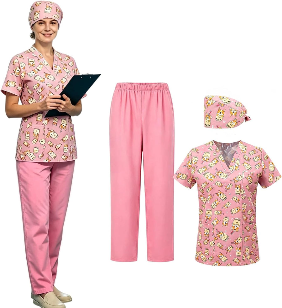 3Pcs Unisex Scrubs set with cute printed V-neck tops Scrub Pants Cap,soft, casual nurse uniform with multi-pockets - Pink