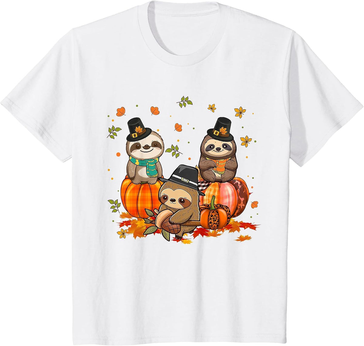 Sloth Pumpkin Leopard Buffalo Plaid Fall Thanksgiving T-Shirt - White