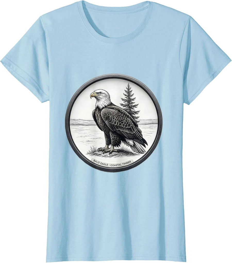 Women's Bald Eagle Coastal Timber Minimalist Wildlife Portrait Art T-Shirt - Baby Blue