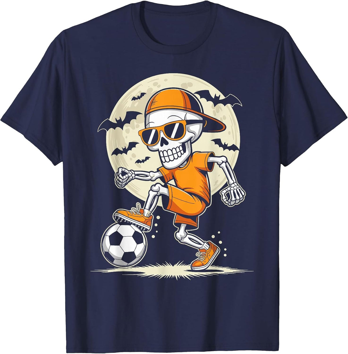 Funny Cartoon Skeleton Halloween Soccer Player Boys Kids T-Shirt - Navy Blue