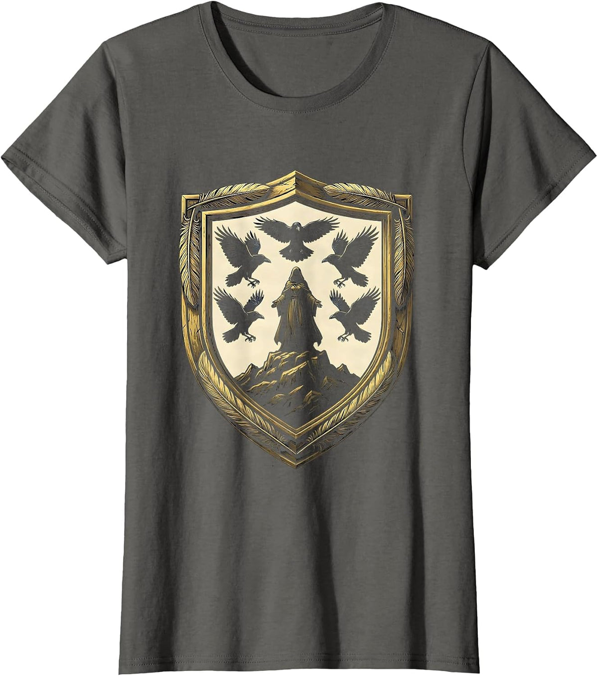Women's Crows Circling Lone Figure on Hilltop Design T-Shirt - Asphalt Grey