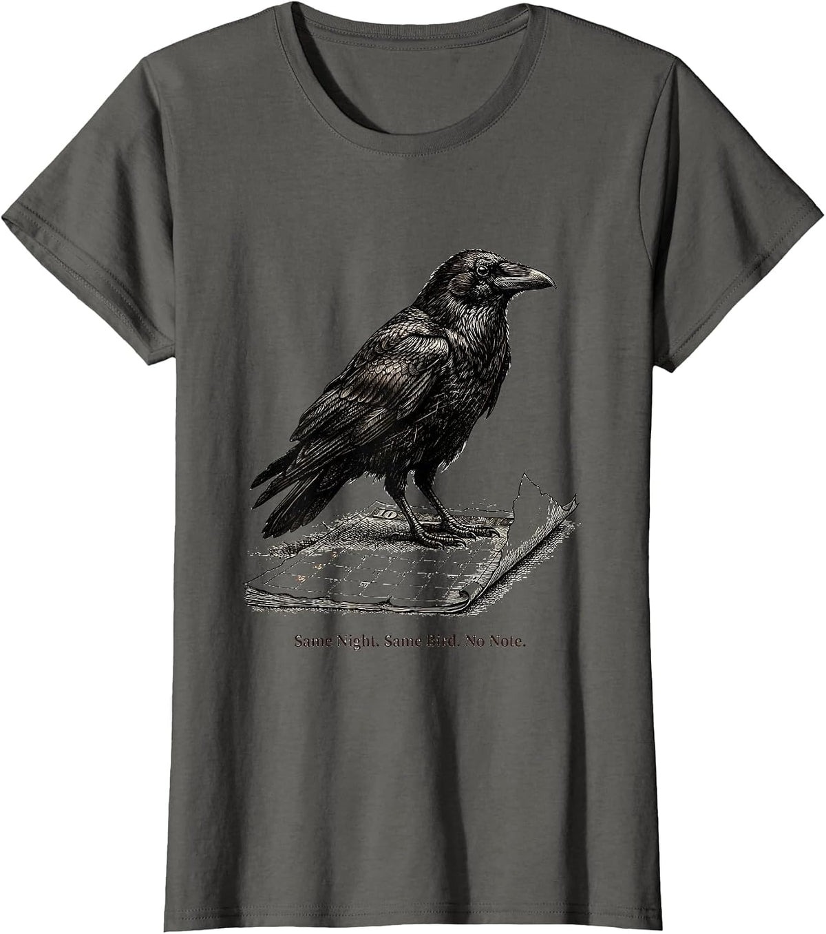 Women's Same Night Same Bird No Note Gothic Edgar Allan Poe Raven T-Shirt - Asphalt Grey
