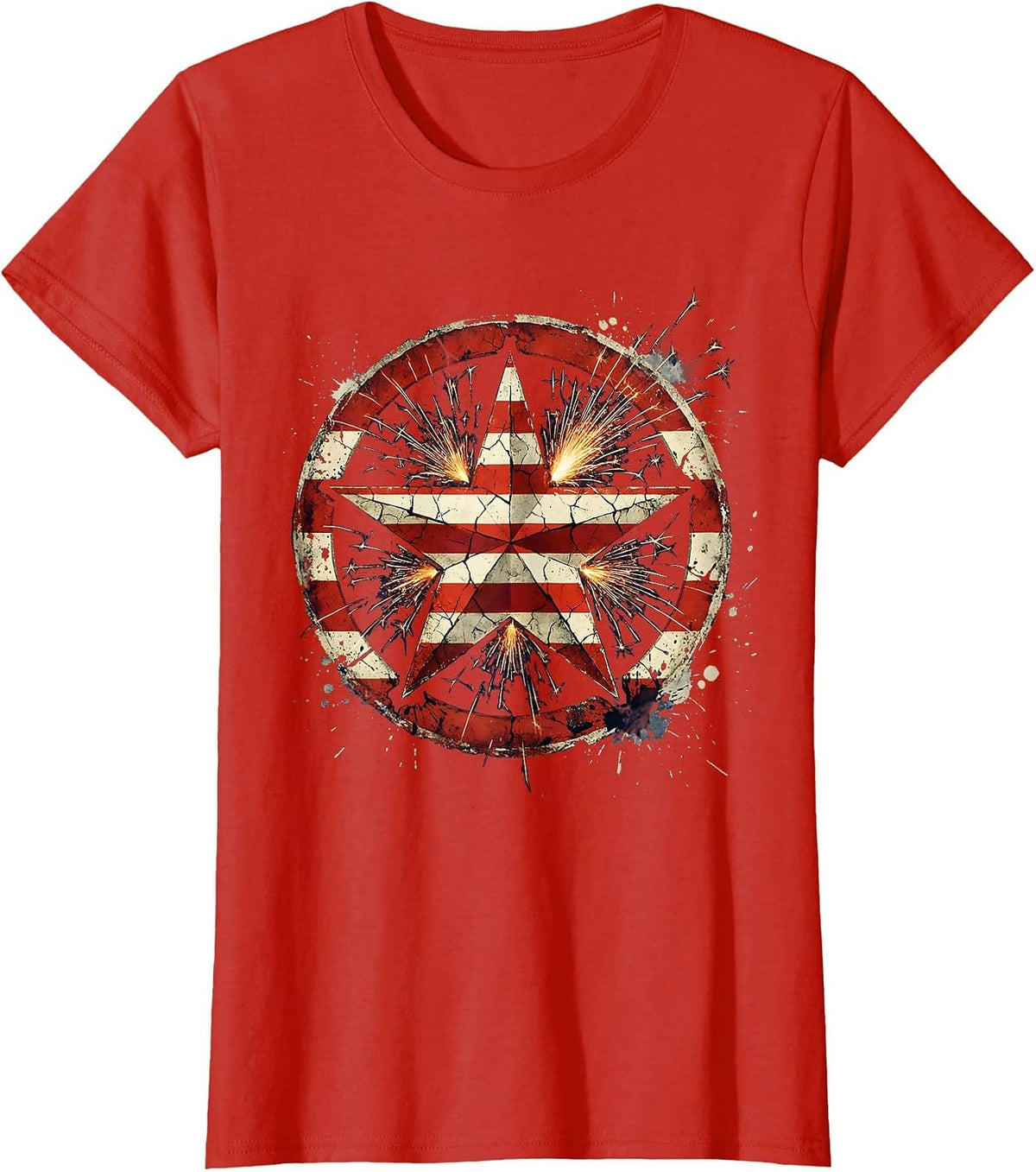 Women's Stars and Stripes Patriotic Fireworks Star Burst T-Shirt - Red
