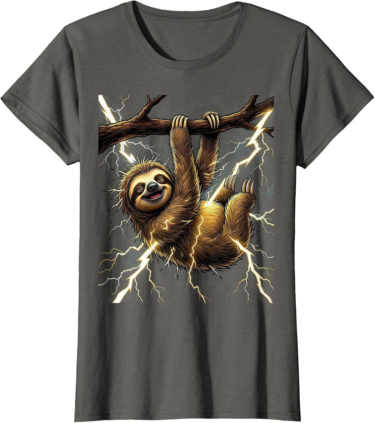 Women's Sloth Hanging in a Lightning Storm Illustration T-Shirt - Asphalt Grey