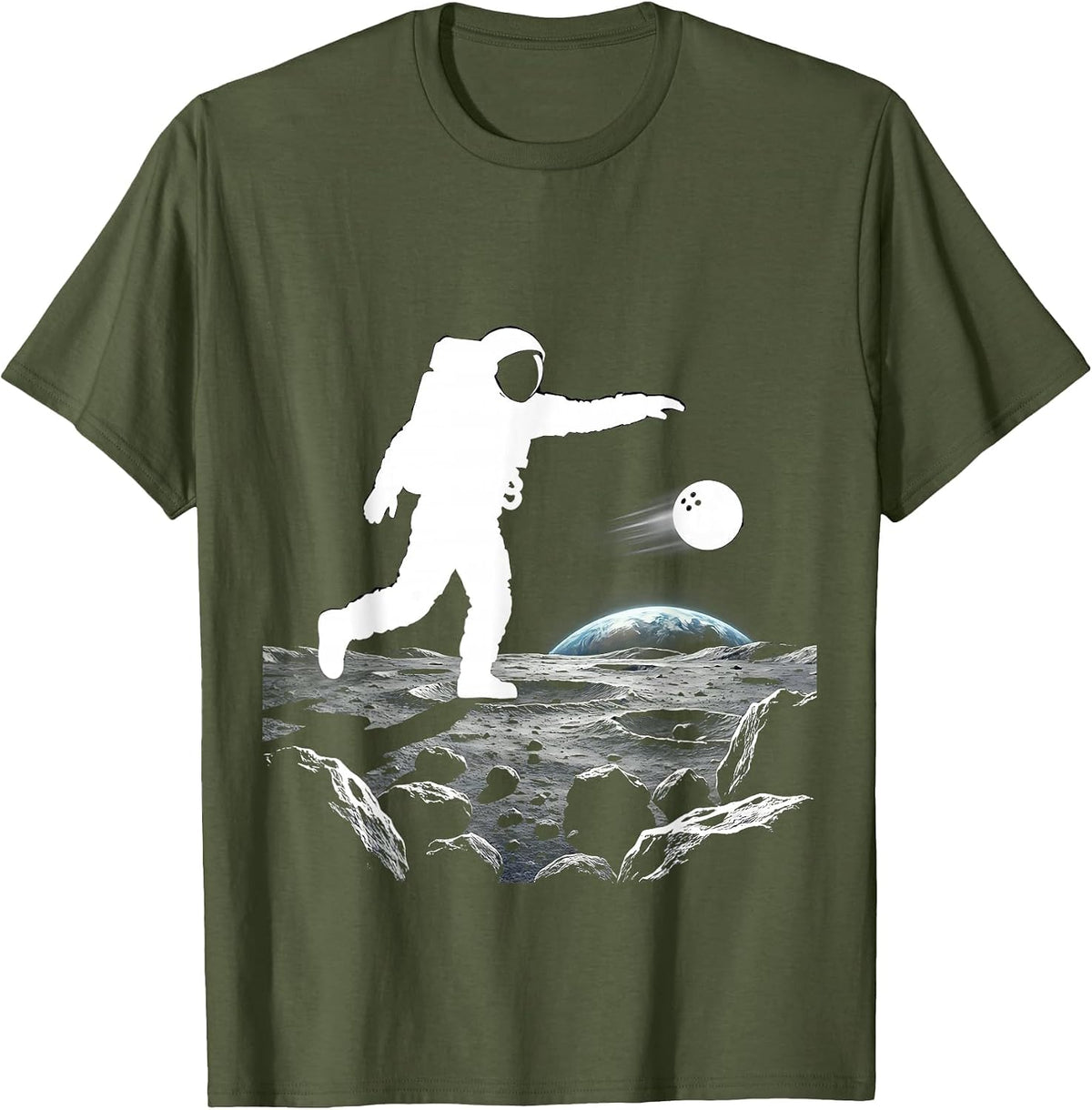 Astronaut Bowling on the Moon Graphic Tee T-Shirt - Olive Green