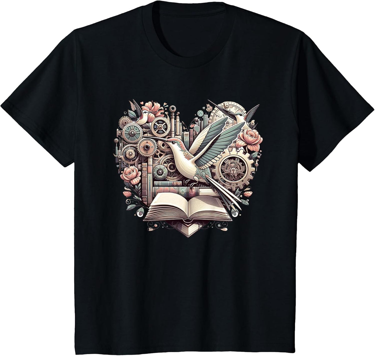 Hummingbird Steampunk Imagination Hearts Valentine T-Shirt - Black