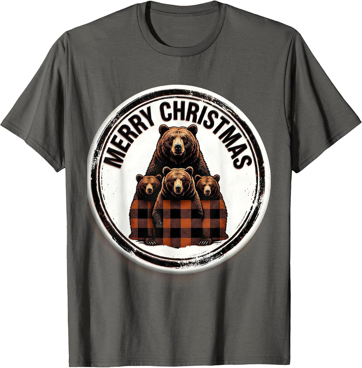 Merry Christmas Rubber Stamp Bear Family Buffalo Plaid T-Shirt - Asphalt Grey