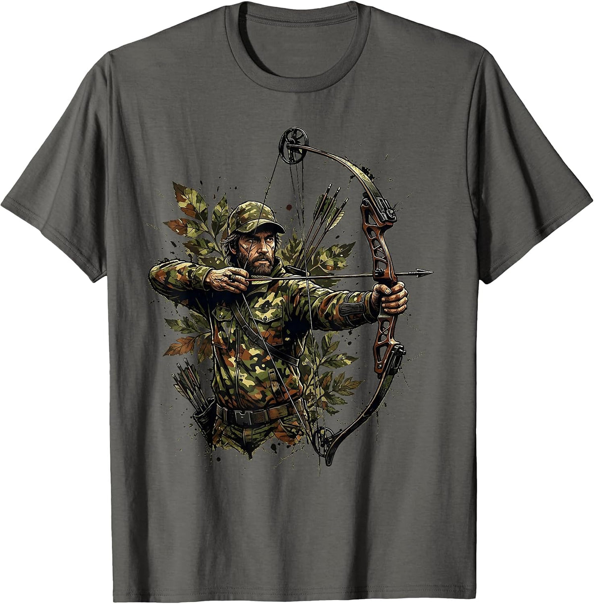 Hunting Bow Camo Wilderness Archer Design T-Shirt - Asphalt Grey