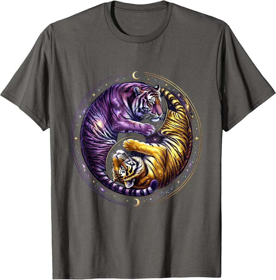 Twin Tigers Yin Yang Balance Graphic Design T-Shirt - Asphalt Grey