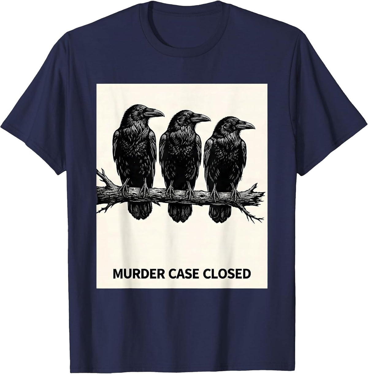 Men's Murder Case Closed Dark Humor Crow Raven Gothic Bird Lover T-Shirt - Navy Blue