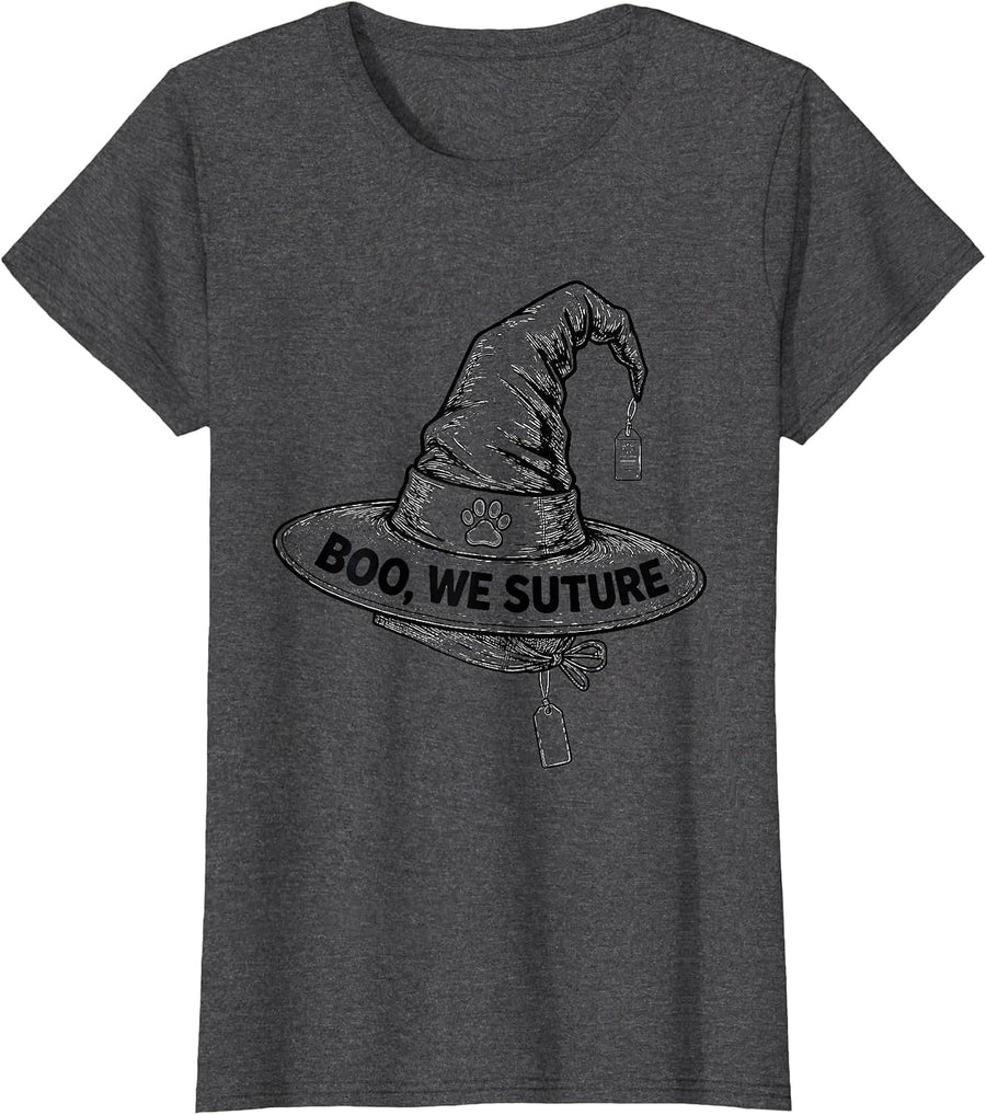 Women's Boo We Suture Funny Vet Tech Halloween Veterinary Crew T-Shirt - Dark Heather Grey