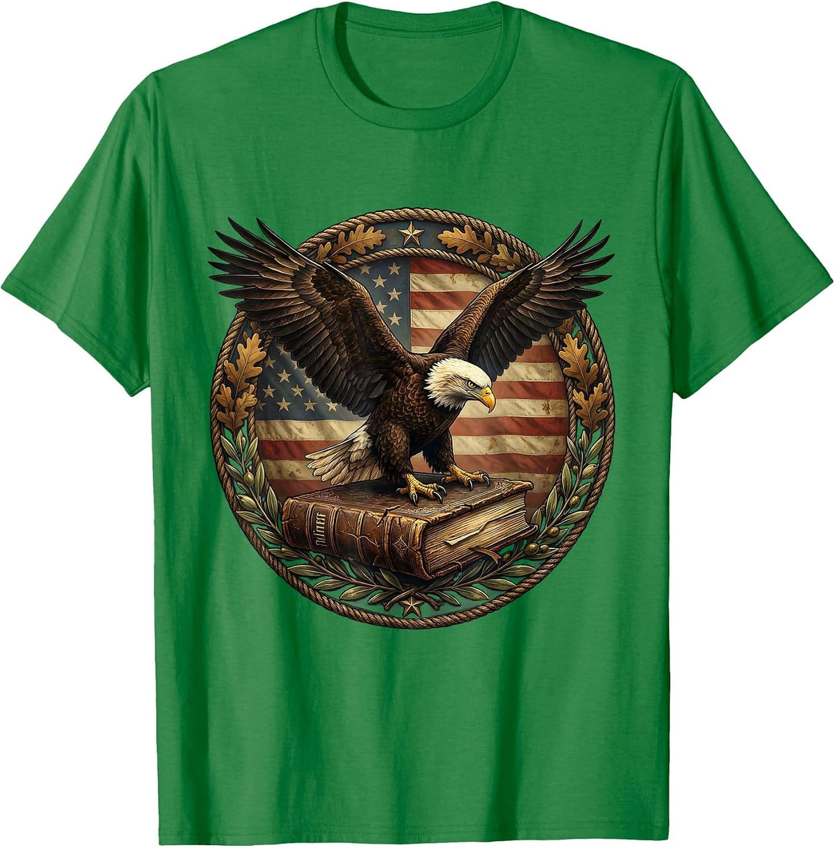 Men's Bald Eagle Perched on Bible Patriotic Graphic T-Shirt - Kelly Green